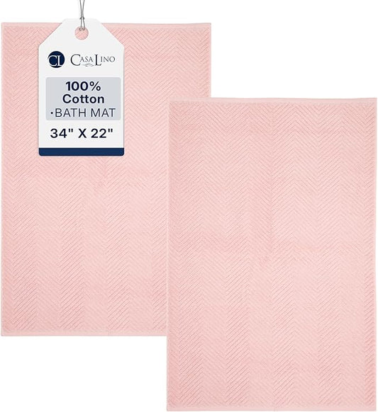 Casa Lino 100% Cotton Bath Mat Set of 2 (NOT A Rug) - 34" x 22" Bathroom Floor Towels - Machine Washable, Soft, Highly Absorbent & Quick Dry Bath Floor Towel (Blush)