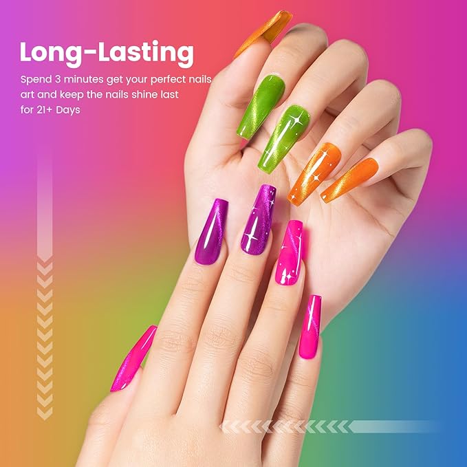 RARJSM 9D Neon Cat Eye Gel Nail Polish Set 6 Colors Velvet Silver Glitter Bright Orange Blue Red Green Rose Purple Ice Gel Polish with Magnet Stick UV LED Curing Requires Soak Off Home Salon Diy