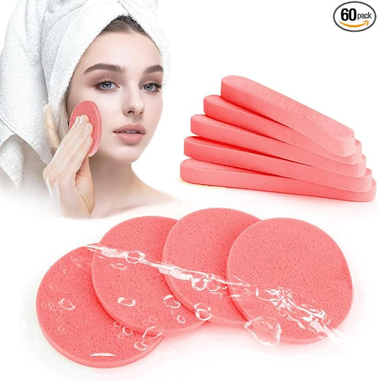 Compressed Facial Sponge,Reusable Makeup Blender 60 Count,Soft Round Wash Sponges for Estheticians Makeup Removal,Face Cleansing Exfoliating Compress Spa Pads for Women,Coral Pink