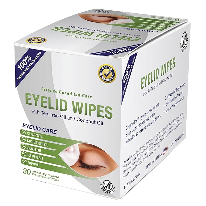 Lunovus Premium Eyelid Wipes With Tea Tree and Coconut Oil - Cleansing Wipes for People Itchy Eyes - Individually Wrapped - Box Of 30 Natural Eye Wipes