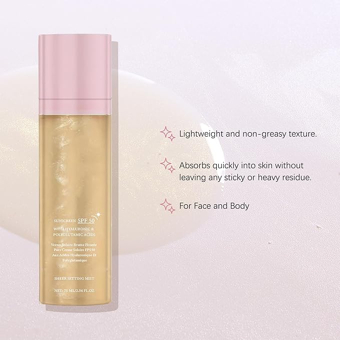 SPF Setting Spray for Face & Body - Sheer Sunscreen Mist SPF 50, Makeup-Friendly Setting Mist with Hydrating Glow, Reef-Safe & Non-Greasy for Beach, Wedding, Daily Wear (2)