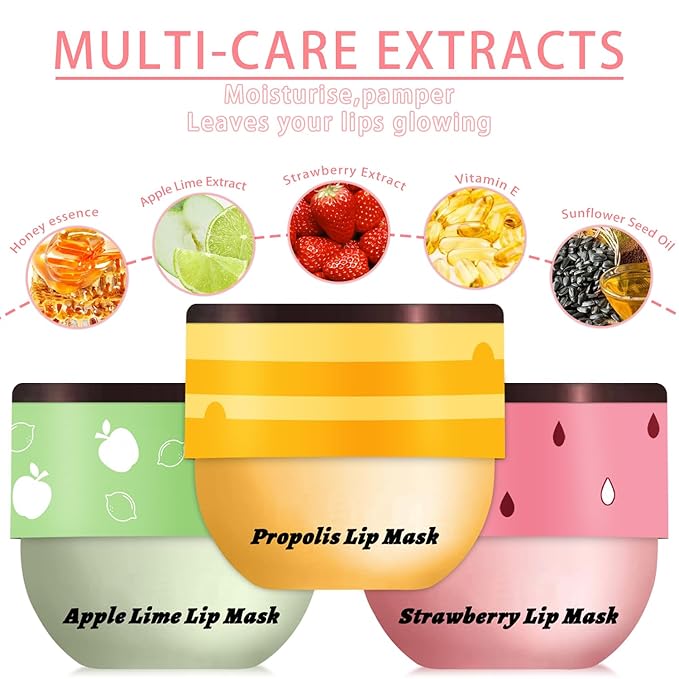3 PCS Bee Lip Balm Honey Pot, Honey & Strawberry & Apple Lime Lip Mask Overnight Propolis Moisturizing Lip Balm Hydrating Prevention Dry and Crack Lip Scrubs Exfoliator Lip Wrinkle Care (Set A)