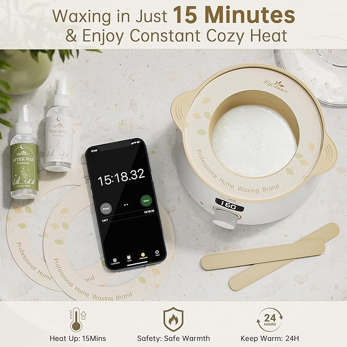 Lifestance Waxing Kit for Women & Men - L3 Digital Warmer, Silicone Wax Pot Liner, Hair Removal Kit with 4 Hard Wax Beads (14.1oz) & 45 Accessories, Professional for Brazilian, Bikini, Face, Leg, Body