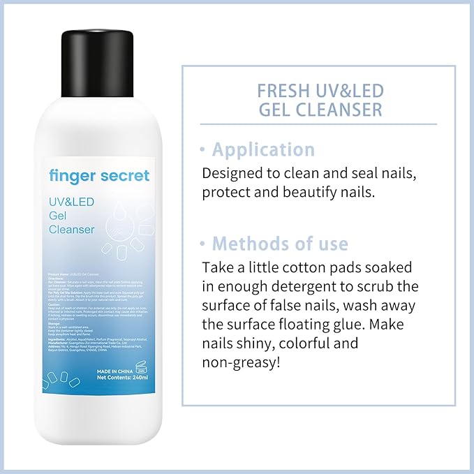 Gel Cleanser for Nails,finger secret Gel Nail Cleanser 240ml,Fresh UV&LED Gel Cleanser,Nail Surface Cleanser for Gel Nails,Nail Cleaning Solution for UV Polish Lacquer Care
