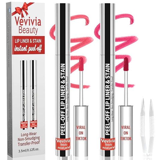 2pcs Lip Stain Peel Off - Lip Liner Stain Long Lasting Waterproof,2-in-1 Lip Liner with Tweezer Nude Matte,Non-Stick Cup,Highly Pigmented，Natural Finish,Stay On All Day,Perfect for Gift (Nude+Rose)