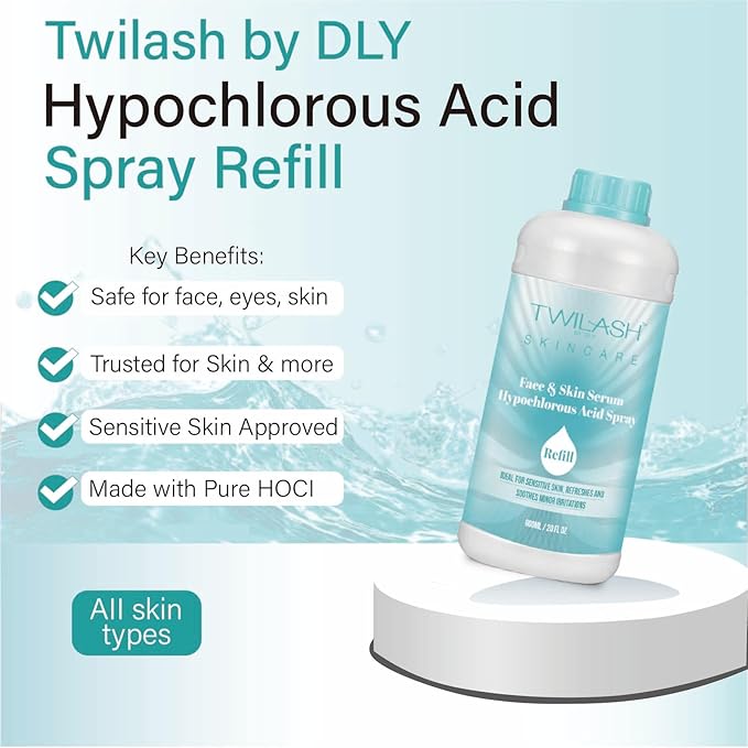 Hypochlorous Acid Spray 600ml Refill | HOCl Face & Skin Cleanser | Facial Mist, Acne & Eczema Relief, Tattoo & Piercing Aftercare | Eyelid Lash Cleanser | Alcohol-Free pH-Balanced Toner