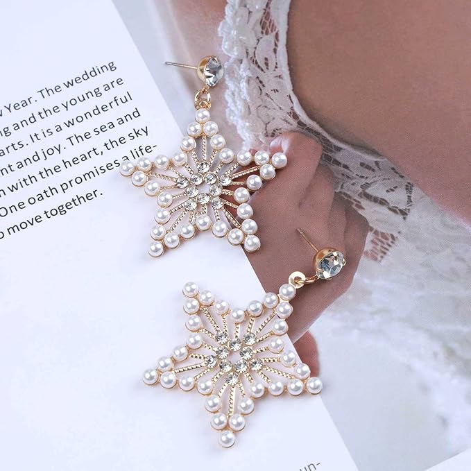 Vintage Pearl Star Drop Earrings Crystal Star Dangle Earrings Gold Rhinestone Stud Earrings Bohemian Large Star Statement Earrings Jewelry for Women and Girls Gifts