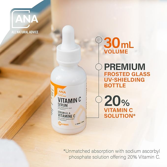 All Natural Advice Vitamin C Serum 30mL | 20% Vitamin C Face Serum Solution with Organic Botanicals, Hyaluronic Acid & Vitamin E | UV-Shielding Glass Bottle with Dropper | Canadian Skin Care