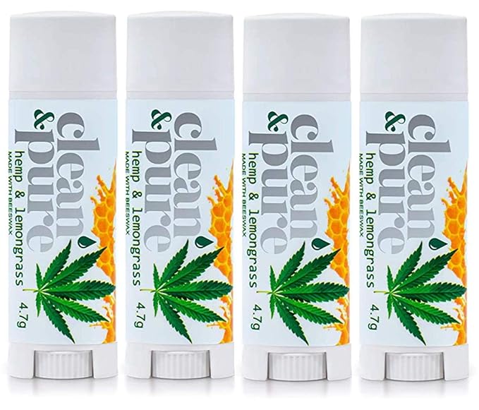 Lip Balm 4-Pack (Hemp & Lemongrass) | Lip Care Set With 100% All Natural Beeswax and Vitamin E Oil
