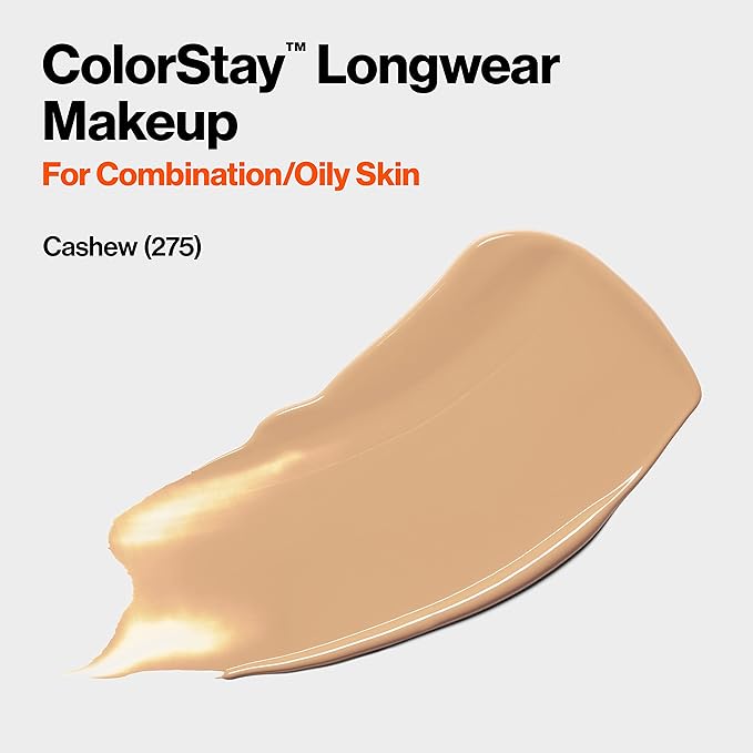 Revlon Liquid Foundation, ColorStay Face Makeup for Combination & Oily Skin, SPF 15, Medium-Full Coverage with Matte Finish, Cashew (275), 1.0 oz