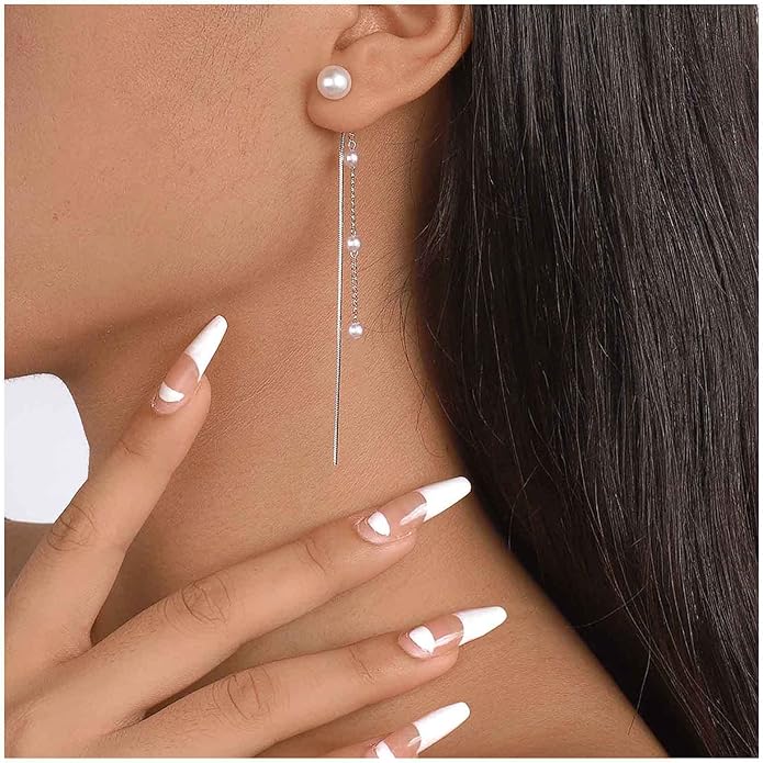 Vintage Pearl Dangle Earrings Long Pearl Chain Earrings Silver Pearl Tassel Drop Earrings Tiny Pearl Bridal Earrings Jewelry for Women