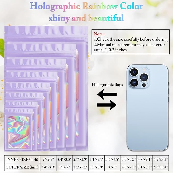 100 Pack Holographic Bags, Packaging Bags, Clear Window Resealable Odor Foil Pouch Bag for Food Storage and Lipgloss, Jewelry Lash (Purple, 4 x 6 Inch)