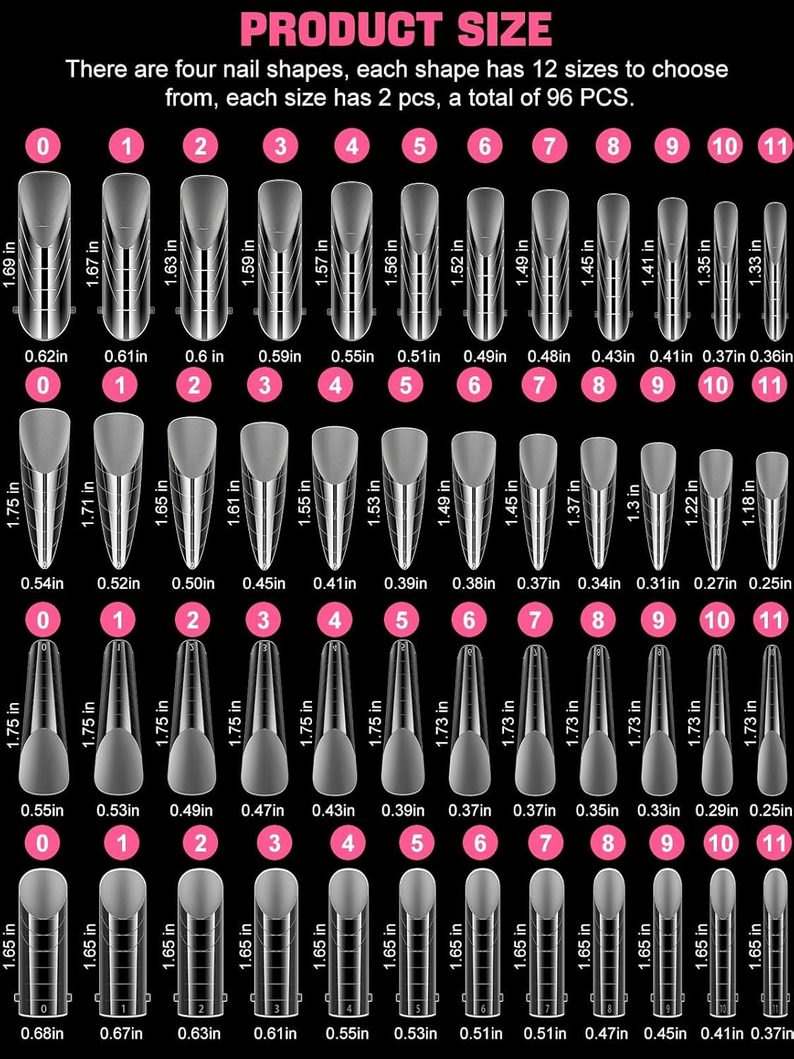 EBANKU 96PCS Clear Matte Dual Nail Forms Kit Full Cover Nail Mold Tips Acrylic Nail Extension Tools 4 Styles 12 Sizes Scale for Poly Gel Nail Art Salon Nails Design