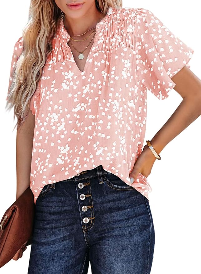 SHEWIN Women's Casual V Neck Floral Print Smocked Short Sleeve Chiffon Blouses Bohemian Top Shirts