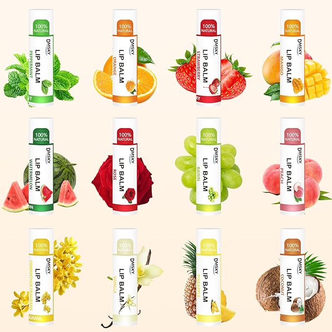 DMSKY Lip Balm Bulk 72 Pack, Lip Balm Hydrating with Vitamin E and Coconut Oil 12 Flavors, Lip Moisturizer Treatment - Party Favors Bulk Gift