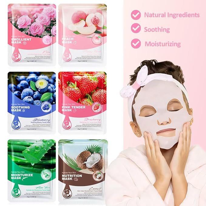 Kaely 6 Pack Variety Face Masks for Kids, Kids Face Mask Spa Day Kit Supplies, Spa Party Favors for Teens Girls Night, Sheet Facial Mask Skincare Gifts Set, Hydrating Soothe for All Skin Types, 02
