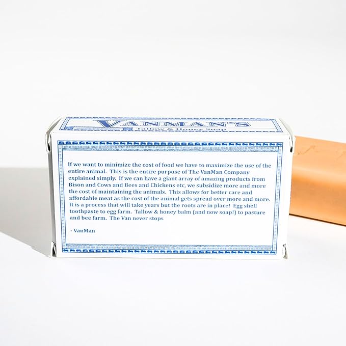 VanMan Beef Tallow and Honey Bar Soap – Pure Grass-Fed Beef Tallow for Skin with Raw Honey & Distilled Water, Unscented Soap, Hydrating & Nourishing, Clean Ingredients, 3.8oz - 2 Pack