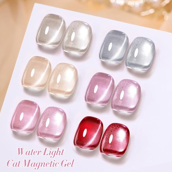 Born Pretty Magnetic Gel Nail Polish Water Light Cat Magnetic Eye Jelly Pink Glass Crystal Gel Polish Glitter Shimmer Auroras Nail Polish LED Nail Art Manicure Kit 6PCS