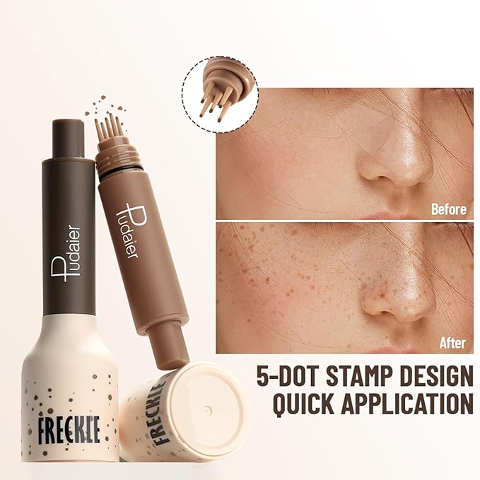 Freckle Stamp Pen, Fake Freckles Stain Marker,5-Dot Faux Liquid Freckle Stamp Cushion for Natural and Lifelike Sunkissed Makeup,Quick Dry Long-Lasting Face Freckle Pencil Tool,04#Caramel