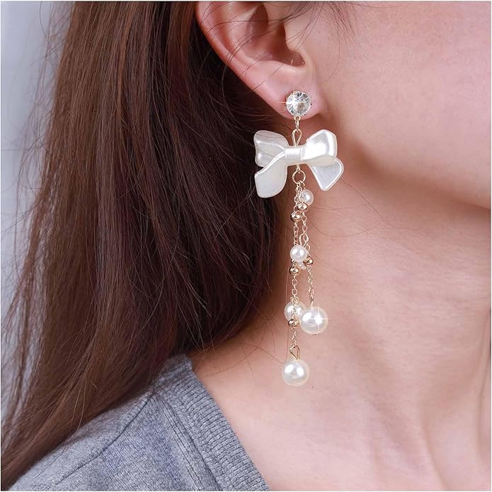 Vintage Crystal Pearl Drop Earrings Pearl Bow Dangle Earrings Long Pearl Tassel Chain Earrings Cz Bow Stud Earrings Jewelry for Women