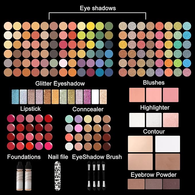 M 187 Colors Professional Makeup Palette - All-in-One Kit With Eye Shadows, Lipsticks, Mascara, Foundations, Blushes, Brow Pencils, Nail File - Makeup Gift Set for Women and Girls