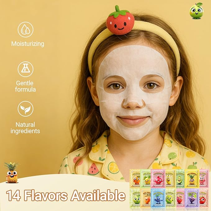 Erinde 28 Pack Fruit Face Masks Skincare for Kids, Sheet Hydrating Facial Mask for All Skin Types, Bulk Face Mask for Women Skin Care, Spa Birthday Party Gifts for Teens Girls