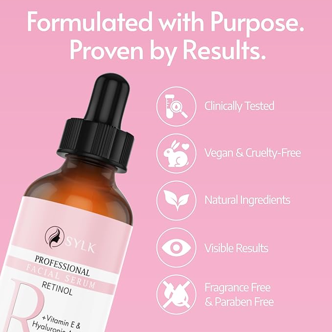 Sylk Retinol Serum for Face with Hyaluronic Acid & Vitamin E & A - Anti Aging, Fine Lines, Wrinkles, Resurfacing, Acne Scars, Skin Brightening, Dark Spots - Microneedling Retinoids for Face - 2 fl oz