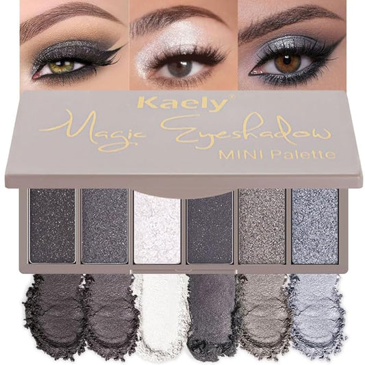 evpct 6 Colors Smokey Grey Eyeshadow Palette, Black Smoky Gray White Silver Taupe Glitter Sparkle Shimmer Matte High Pigment Mini Travel Eye shadow Palette Makeup for older Women, Long Lasting