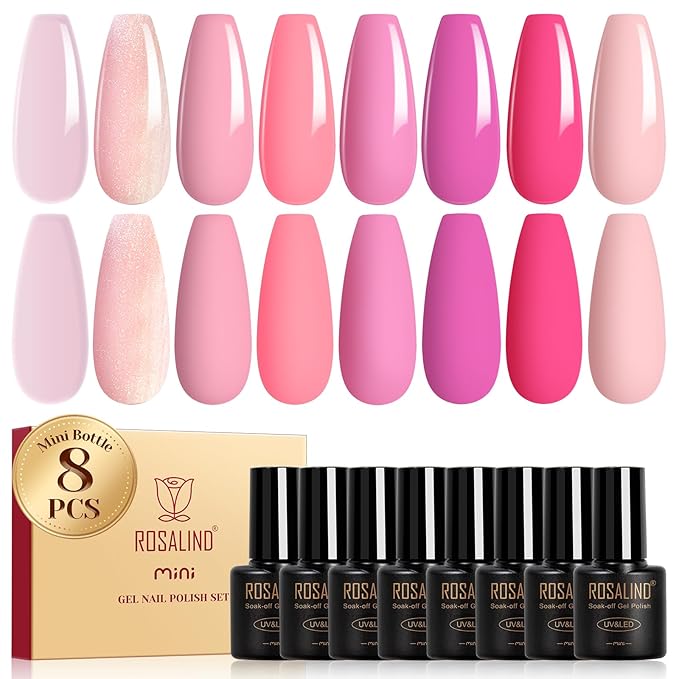 ROSALIND Pink Gel Polish, 8 Colors Hot Pink Light Pink Neon Pink Gel Nail Polish Set Pink Shades Pink Valentine Gel Polish Collection Nail Art Gift DIY at Home