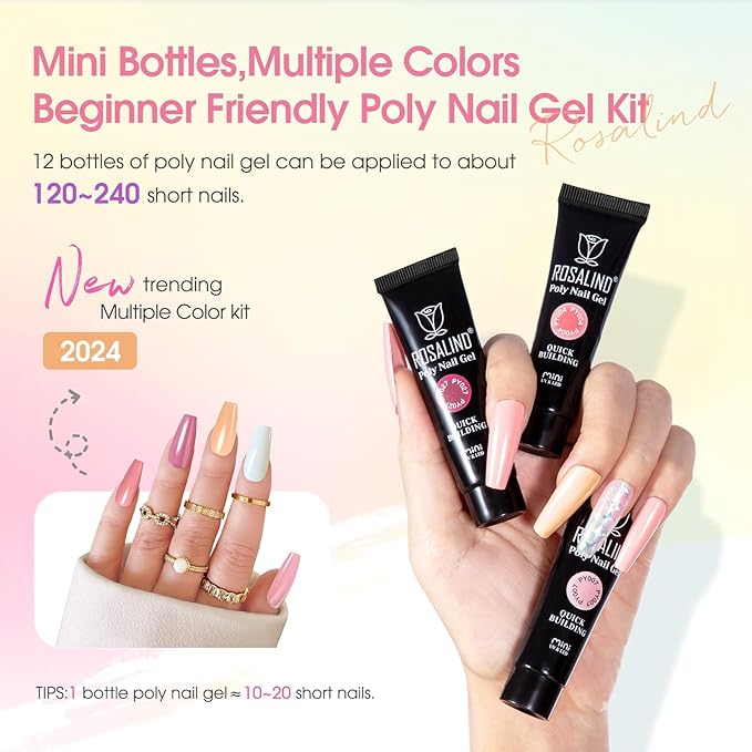 ROSALIND Poly Nail Gel Kit -14 Colors Nail Art Accessories kit Clear Nude Nail Extension Gel Starter with Slip Solution White Nude Pink Nail Extensions Gels Set with Mini UV Lamp