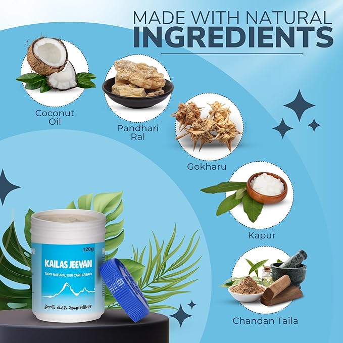 Kailas Jeevan Herbal & Natural Skincare Cream - 100% Natural Face Cream, Chemical-Free Cream, Skin Moisturizing Cream, Cracked Heels & Skin Soothing Cream, Skin Nourishing & Hydrating - 120g (1 Pack)
