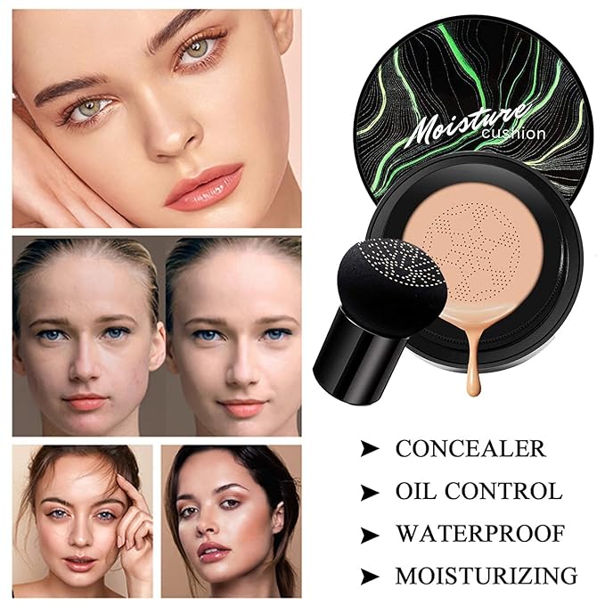 Mushroom Head Air Cushion CC Cream Natural Foundation,Phoera Powder, Bright Makeup Base Long Lasting with Makeup Sponge and Flat Top Kabuki Foundation Brush (#03 Warm Nude)