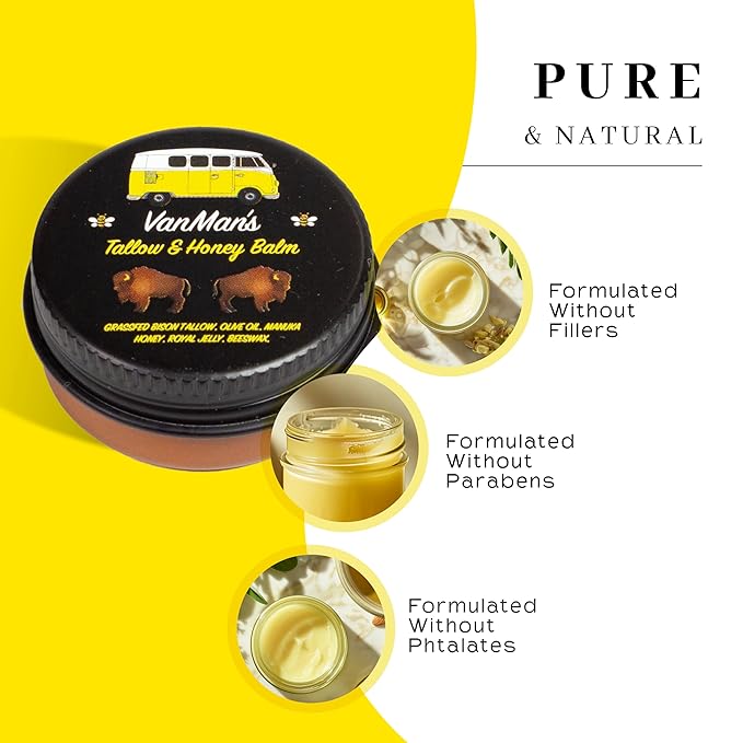 Vanman’s - Tiny Bison Tallow and Honey Balm - Unscented Grass-Fed/Finished Bison Tallow and Manuka Honey Cream with Royal Jelly - For Dry, Delicate Skin - 0.25 oz