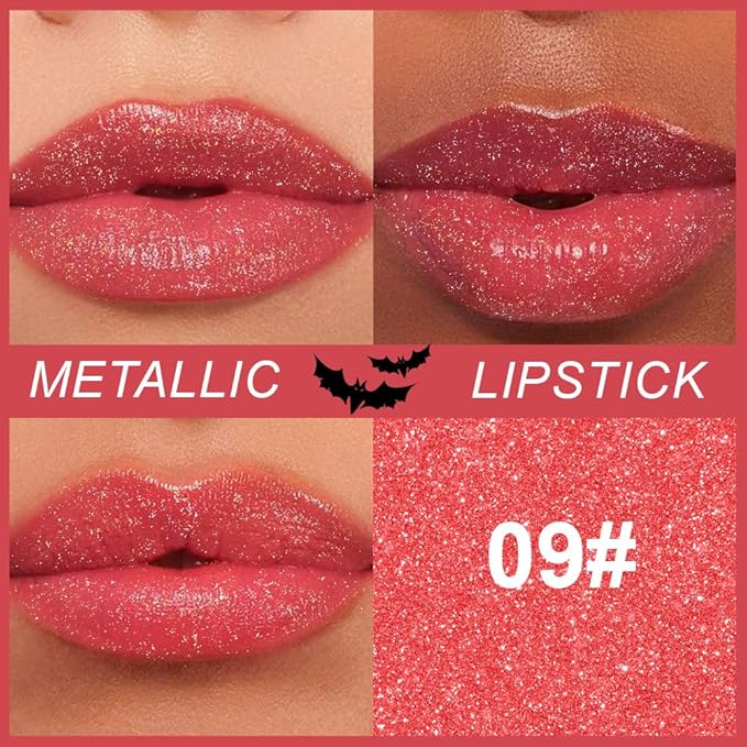 Kaely Glitter Metallic Lipstick, Shimmer Metallic Lipsticks for Women, High Pigmented Lip Color Long Lasting Waterproof Smudge Proof 24 Hour, Halloween Makeup, Vegan & Cruelty-Free, 09