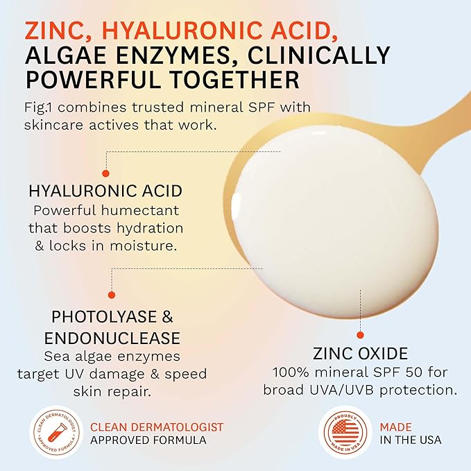 Fig.1 Mineral Sunscreen for Face SPF 50 | Zinc Oxide Face Sunscreen Moisturizer with Hyaluronic Acid & Antioxidant | Broad Spectrum Sun Protection –Fragrance-Free, Lightweight, Invisible Finish, 1.7oz