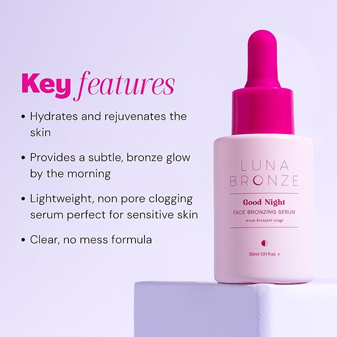 Luna Bronze Good Night Face Tanning Drops | Overnight Face Bronzing Serum for a Luminous, Natural Looking Glow | Hydrating Formula with Vitamin C | Infused with Australian Botanics (30ml/1.01 fl. oz)