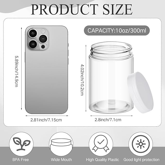 SATINIOR 24 Pieces Empty Clear Plastic Jars with Lids Round Storage Containers Wide Mouth for Beauty Product Cosmetic Cream Lotion Liquid Butter Craft and Food(Clear Lid,10 oz)