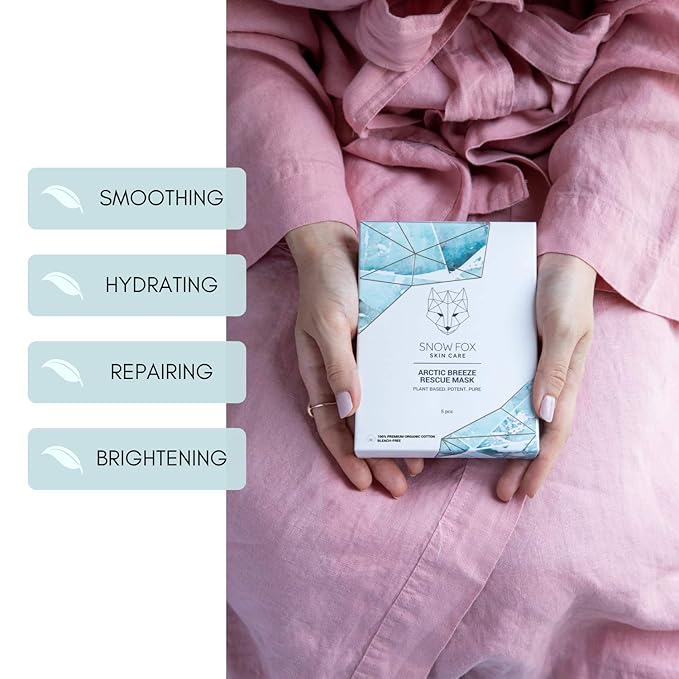 Snow Fox Arctic Breeze Rescue Sheet Mask with Peppermint & Aloe Vera – Cooling Face Mask to Calm & Revitalize Skin and Refresh after Travel – Hydrating Facial Skin Care for all Types – 5 Pack
