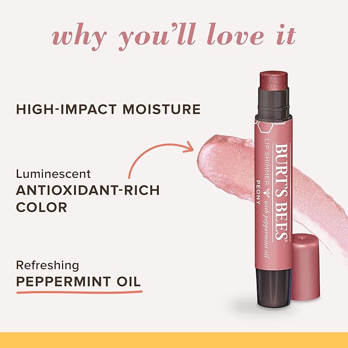 Burt's Bees Shimmer Lip Tint Set, Tinted Lip Balm Stick, Moisturizing for All Day Hydration with Natural Origin Glowy Pigmented Finish & Buildable Color, Peony (4-Pack)