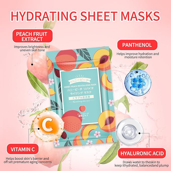 10 Pack Sheet Face Masks Skincare, Moisturizing Soothing Facial Sheet Masks with Peach Extracts, Hyaluronic Acid and Clean Ingredients, Nourish for All Skin Types, Birthday Gifts for Women