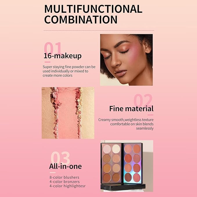 16 Colors Blush Contour Highlighter Makeup Palette with Brush, Shimmer Matte Mineral Face Blush Powder for Cheek, All in One Face Sculpting Bronzer Blusher Illuminator Concealer Palette
