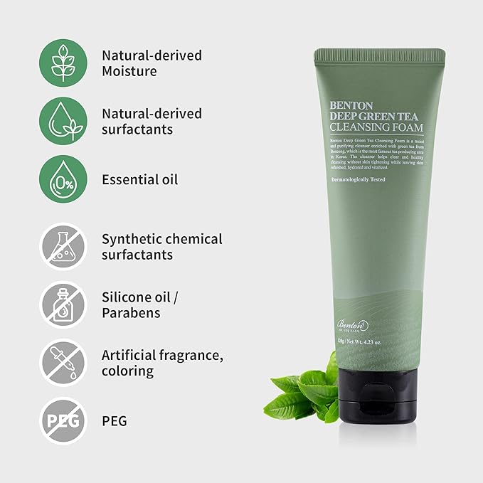 BENTON Deep Green Tea Natural Face Wash (4.23 oz.) - Hydrating and Gentle Facial Cleanser for Various Skin types, Korean Foaming Facial Cleanser