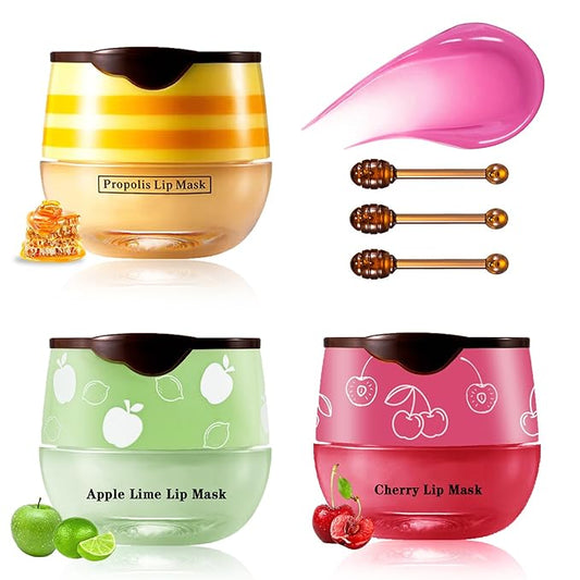 Honey Pot Lip Balm,3PCS Bee Lip Balm Honey Pot Cherry Apple Lip Scrub,Fade Lip Lines Lip Mask Overnight Prevention Dry and Cracked Lip Sleeping Mask (Honey+Apple+Cherry)