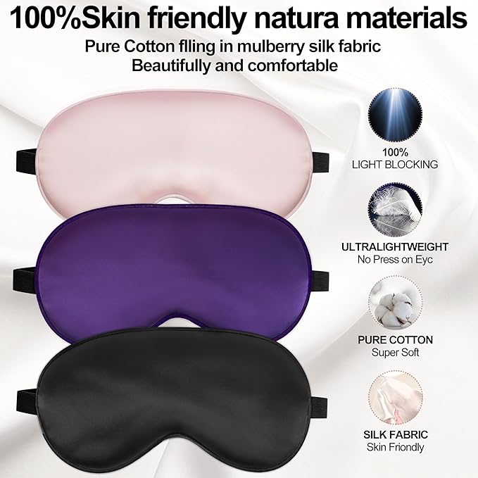 Sleep Mask, Silk Eye Mask for Sleeping with Adjustable Strap, Satin Blackout Sleeping Eye Mask for Men&Women, Comfortable Blindfold Eyeshade for Night Sleep (Black,Pink,Purple)