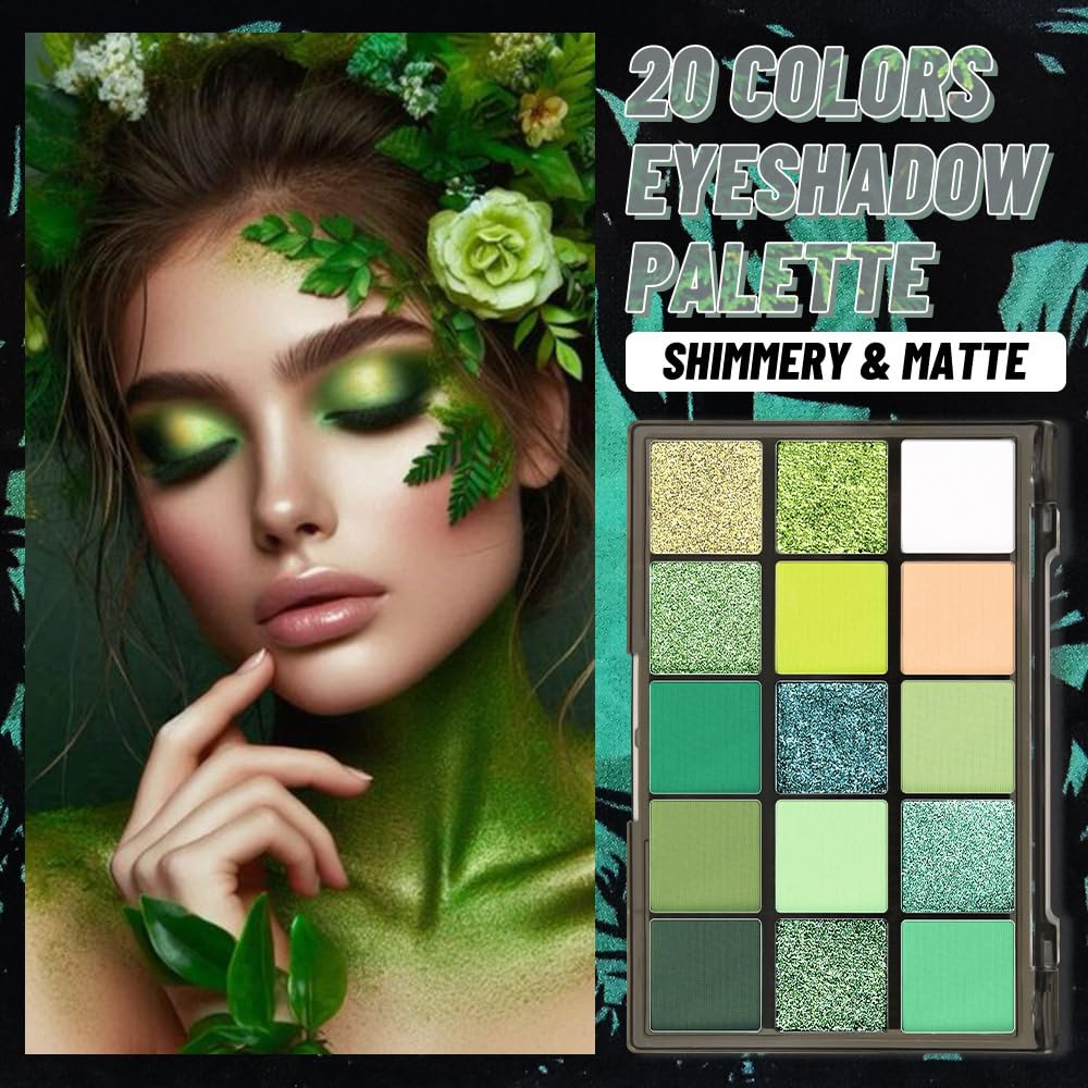 15 Colors Green Matte & Shimmer Eyeshadow Palette - Olive Teal GreenYellow DarkSeaGreen LimeGreen Pink White Eye Shadow Primers Powder for Smoky Looks, Makeup Artist Friendly, Vegan & Cruelty-Free
