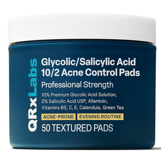 QRxLabs Salicylic & Glycolic Acid Acne Control Pads - 50 Count Jar - Glycolic & Salicylic - Bacne Treatment with Vitamins B5, C & E, Calendula & Green Tea