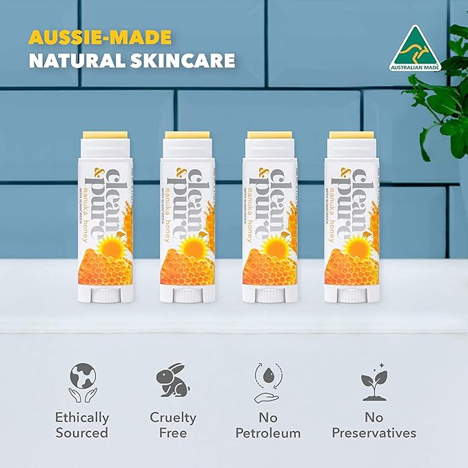 Lip Balm Singles (Manuka Honey with Sunscreen) 100% Natural Beeswax, Vitamin E Oil | Olive Oil Based Treatment for Dry, Chapped Lips | Made in Australia…