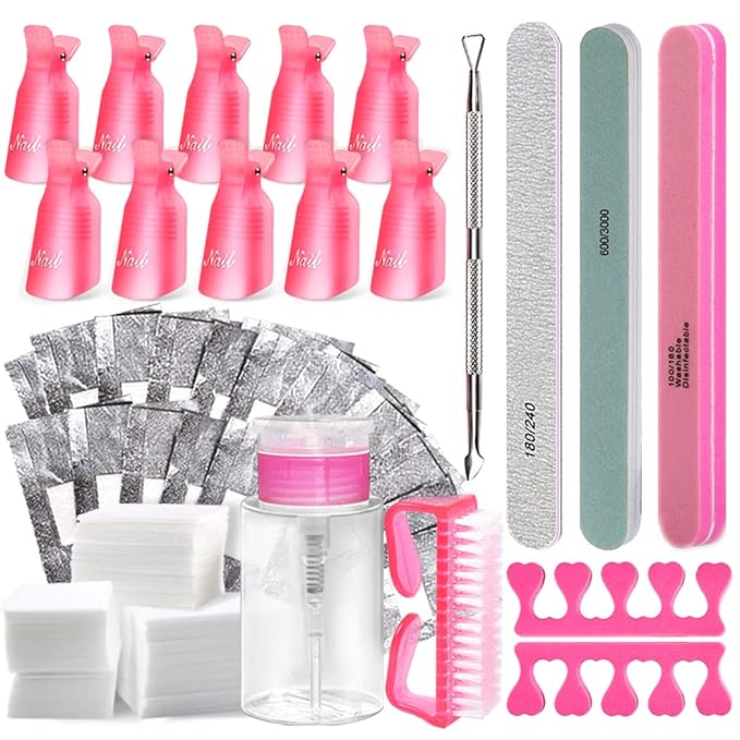 Gel Nail Polish Remover Tools Kit Acetone Acrylic Nails Tool Sets, With Nail Clips, Wipes, Cutter, Pump, Nail Buffer Shiner Files, Brush