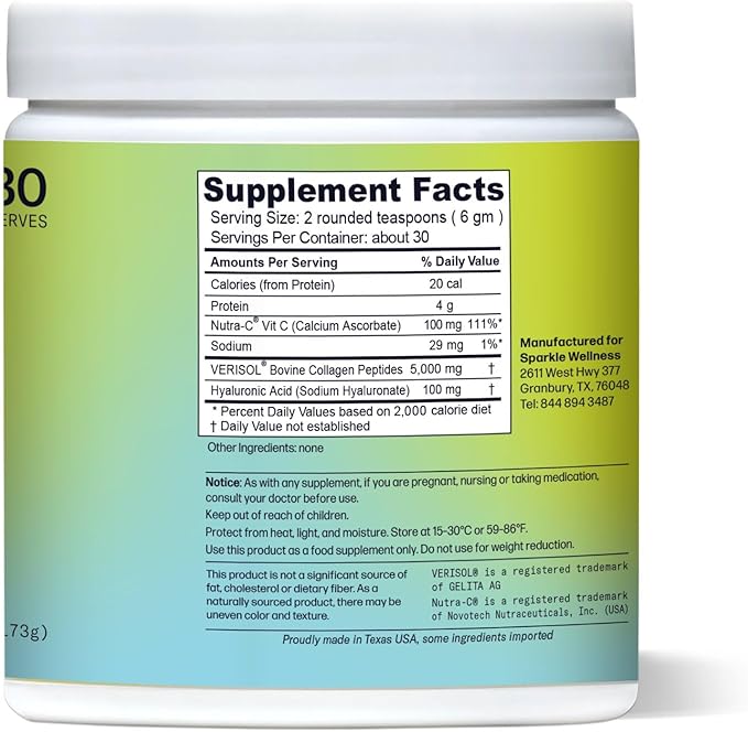 Sparkle Wellness VERISOL Bioactive Hydrolyzed Collagen Peptides | Collagen Powder Supplement with Vitamin C & Hyaluronic Acid for Hair, Skin, and Nail Health | Skin Boost Plus (No Flavor) [30-Serves]