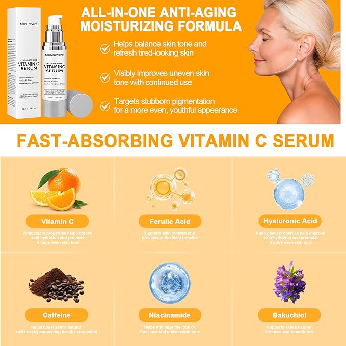 SkinRevive Vitamin C Serum for Women over 70, Vitamin C Serum for Mature Skin Face Hydrates, Firms, Lifts, Targets Age Marks, Wrinkles and Smoothes Skin Texture 1.69 fl oz